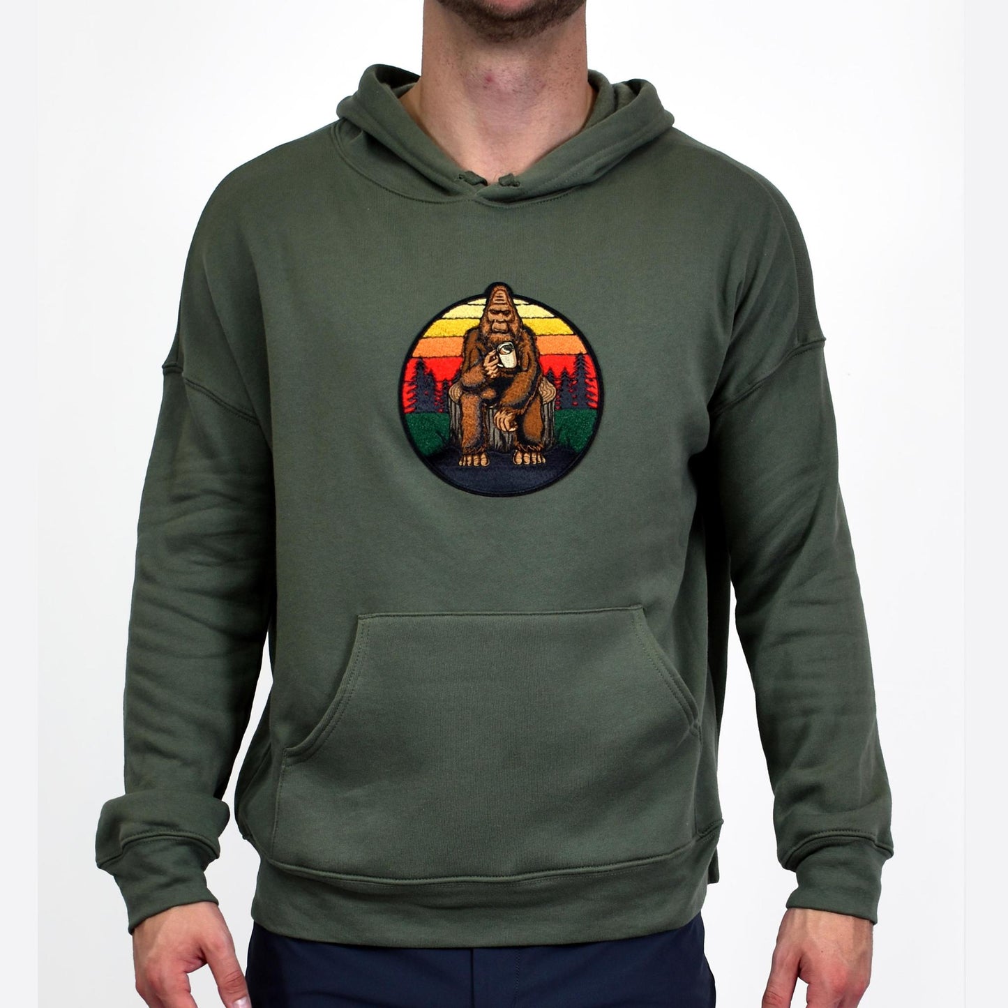 Caffeinated Big Foot Embroidered Olive Green Pullover Hoodie