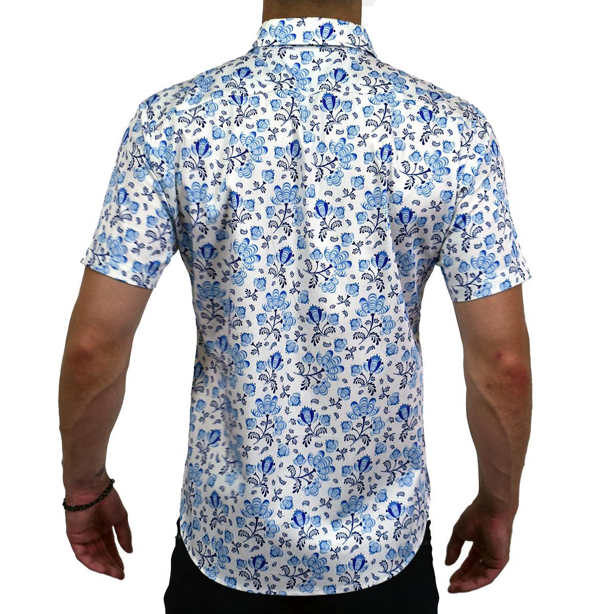 Bone China Floral Stretch Cotton Short Sleeve Button Down Shirt