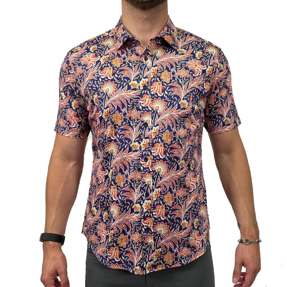 Fire Flower Floral Stretch Cotton Short Sleeve Button Down Shirt