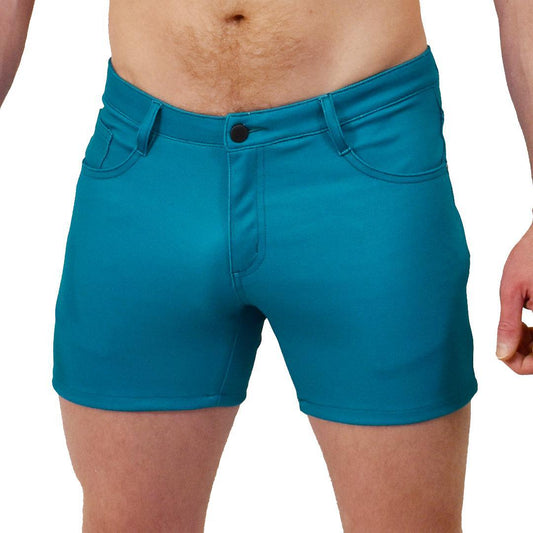 Peacock Blue Solid 5-Pocket Stretch Shorts with 5" Inseam