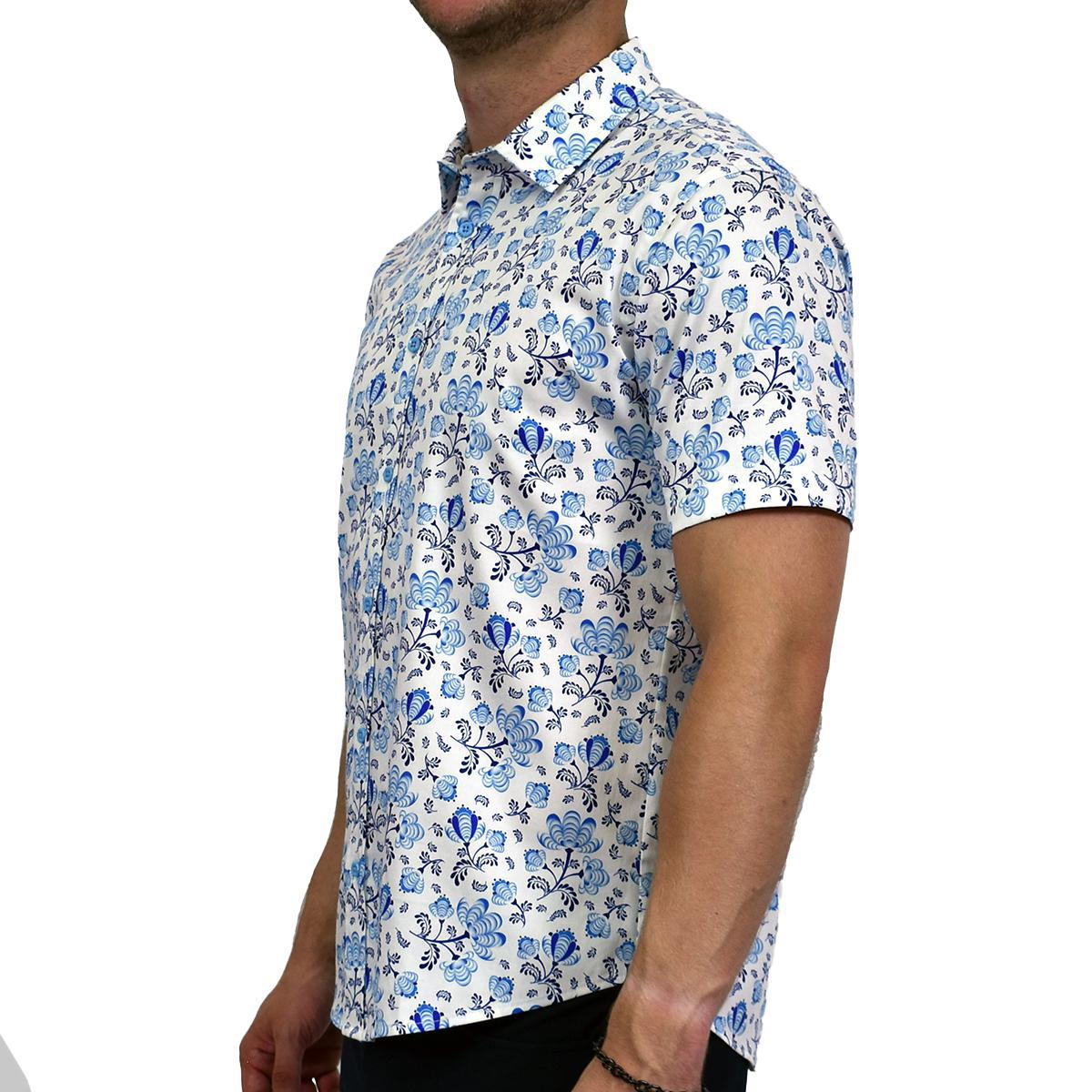 Bone China Floral Stretch Cotton Short Sleeve Button Down Shirt