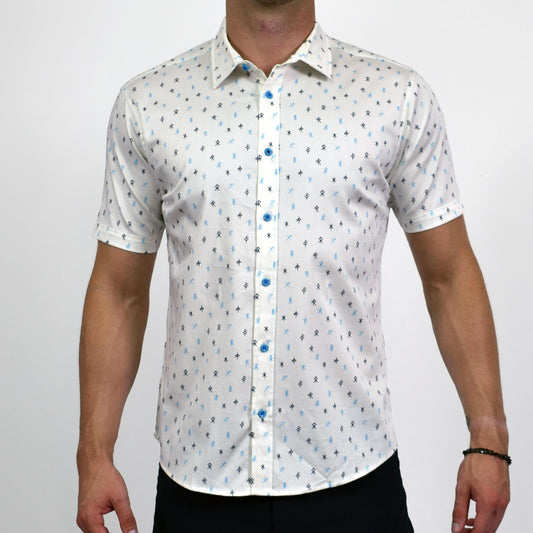 Runes Stretch Cotton Short Sleeve Button Down Shirt