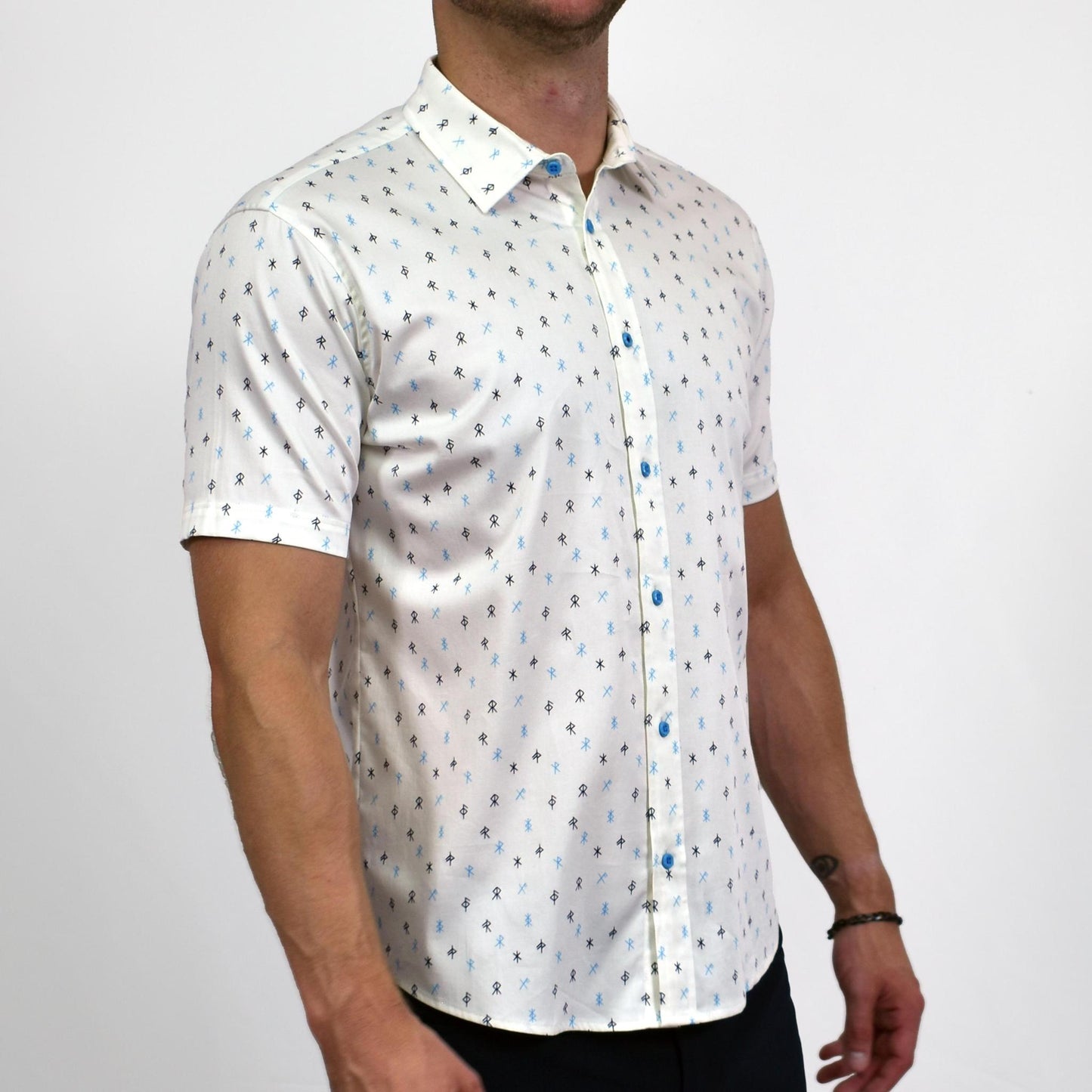 Runes Stretch Cotton Short Sleeve Button Down Shirt