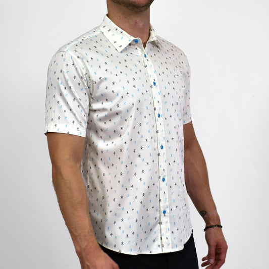 Runes Stretch Cotton Short Sleeve Button Down Shirt