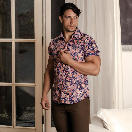 Fire Flower Floral Stretch Cotton Short Sleeve Button Down Shirt