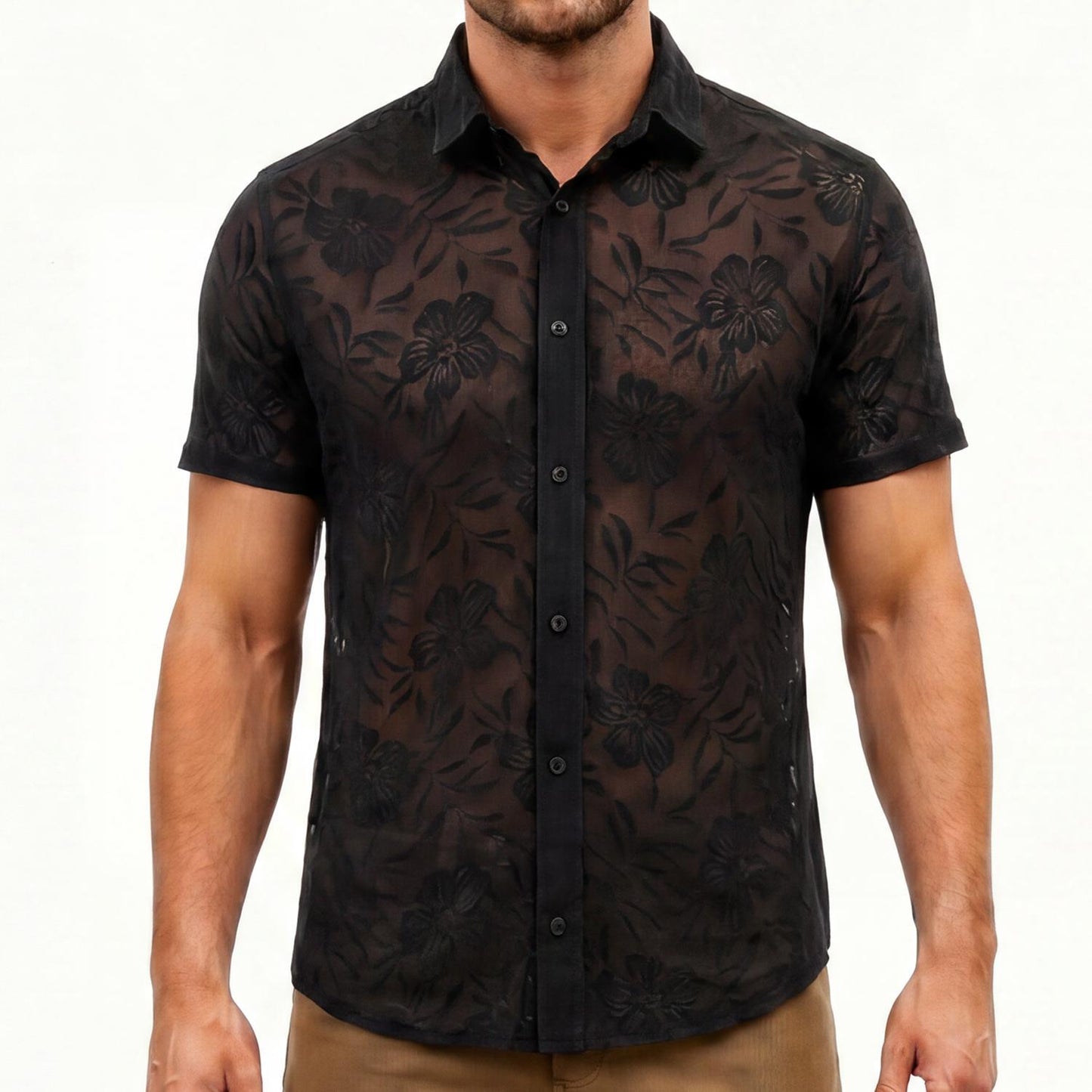 Black Floral Burnout Soft Stretch Short Sleeve Button Down Shirt