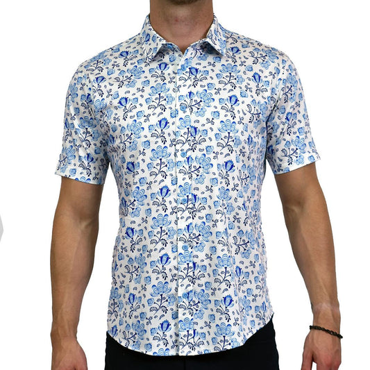 Bone China Floral Stretch Cotton Short Sleeve Button Down Shirt