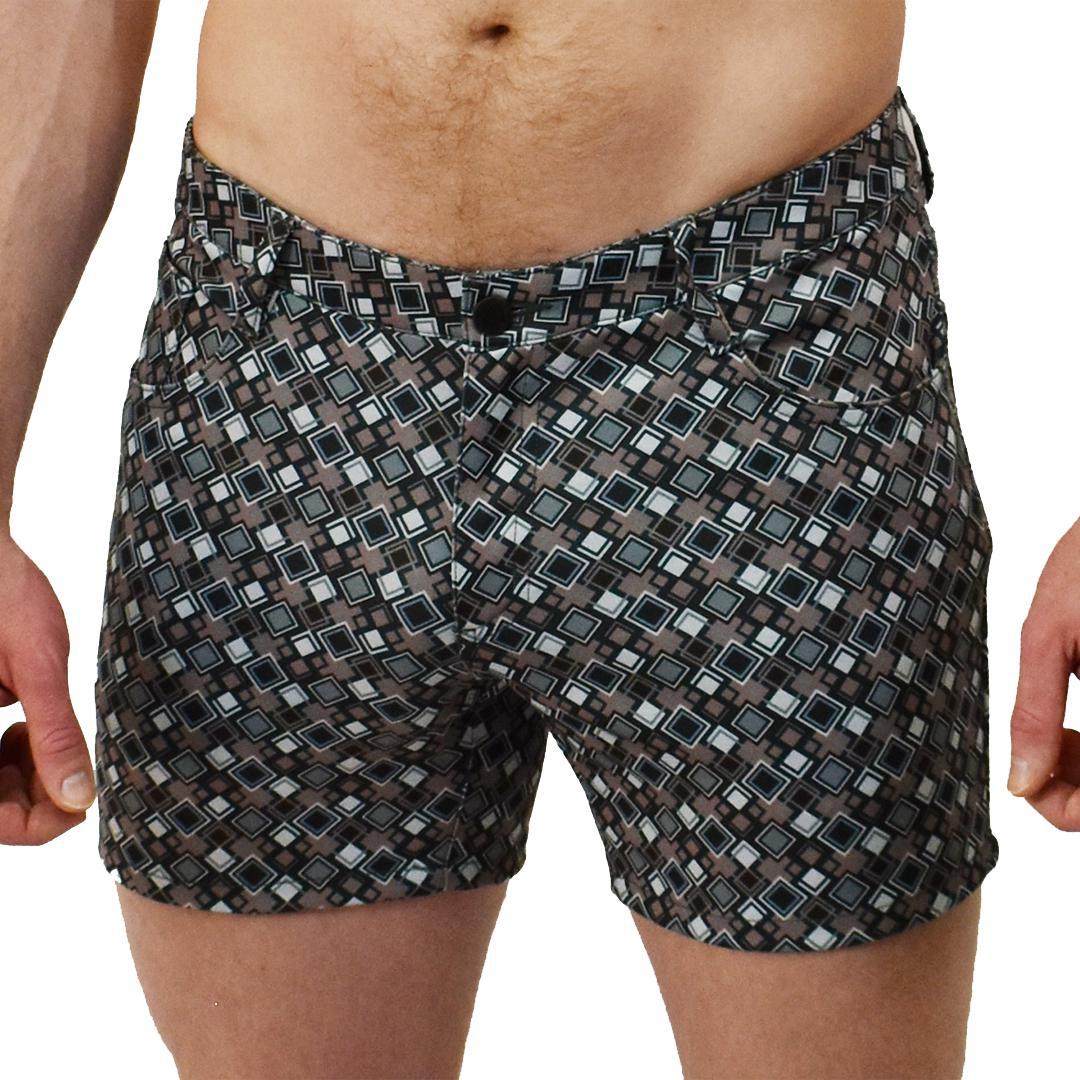 Funky Squares Grey/Forest Green/Brown Patterned 5-Pocket Stretch Shorts with 5" Inseam