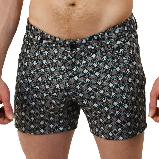 Funky Squares Grey/Forest Green/Brown Patterned 5-Pocket Stretch Shorts with 5" Inseam