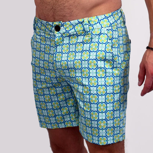 Mediterranean Tiles Blue/Teal 7" Slim Chino Shorts
