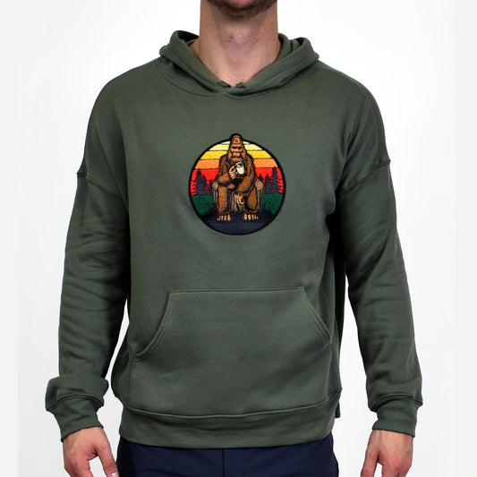 Caffeinated Big Foot  Embroidered Olive Green Pullover Hoodie