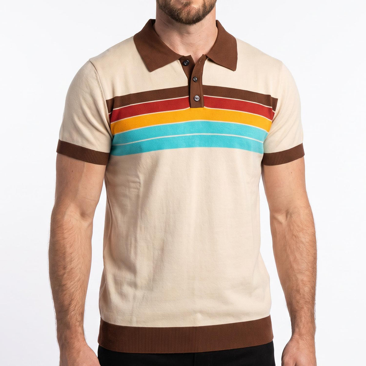 Brown and Aqua Retro Chest Stripe Cotton Knit Polo Shirt
