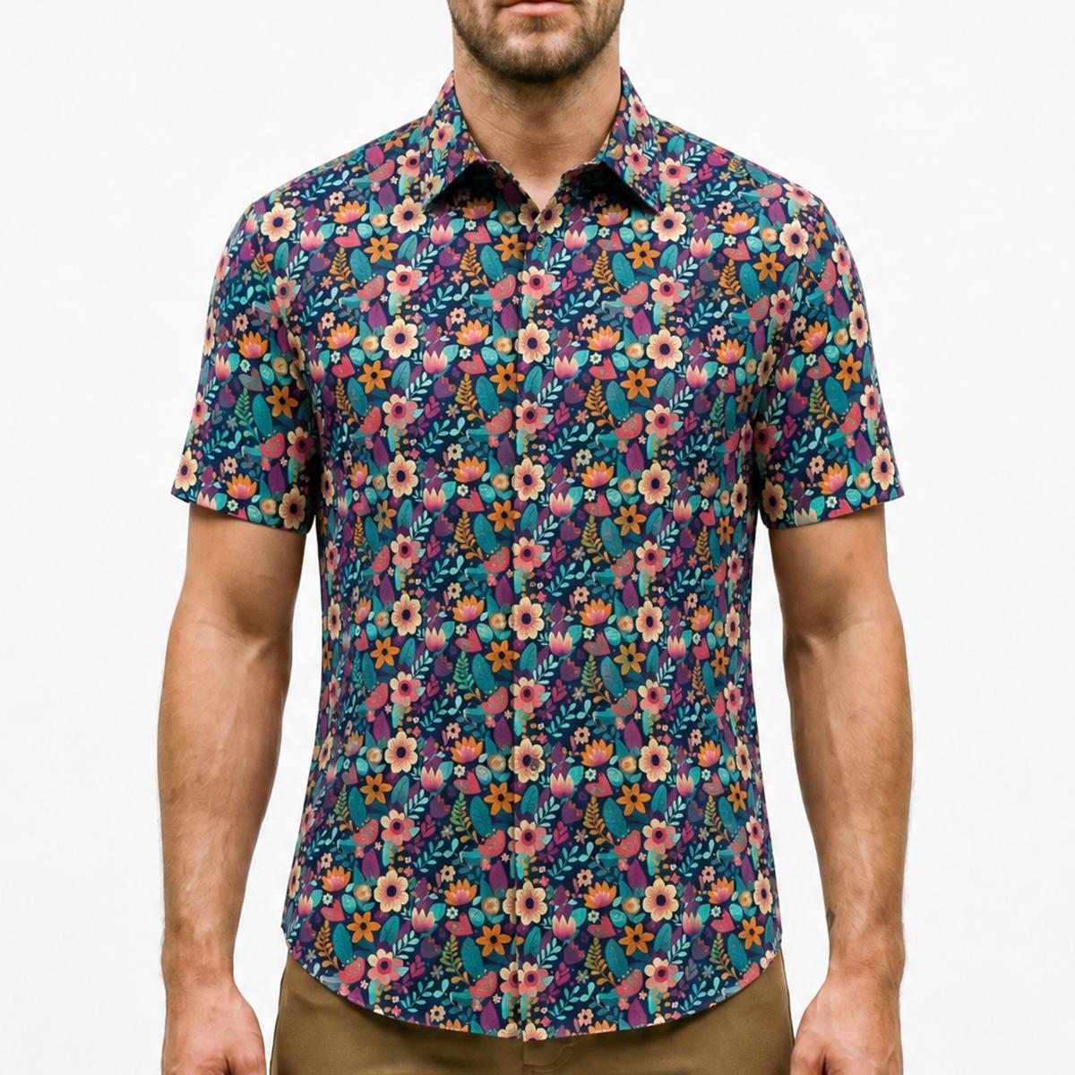 Modern Floral Stretch Cotton Short Sleeve Button Down Shirt