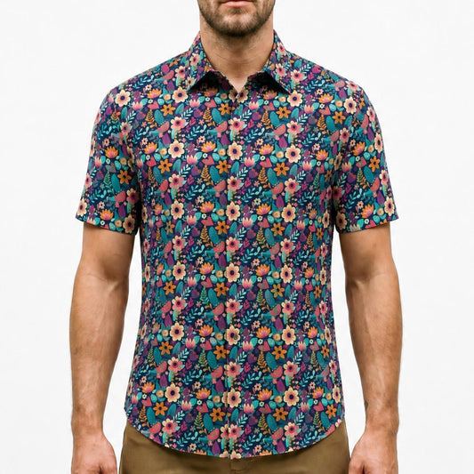 Modern Floral Stretch Cotton Short Sleeve Button Down Shirt
