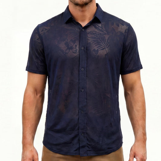 Navy Floral Burnout Soft Stretch Short Sleeve Button Down Shirt