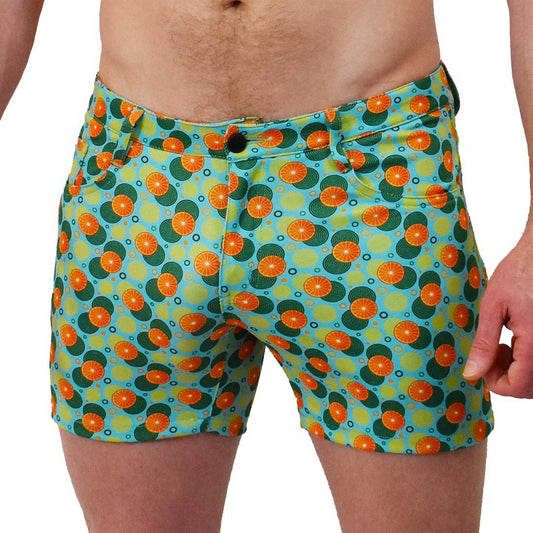 Spiral Oranges Aqua Blue/Orange Patterned 5-Pocket Stretch Shorts with 5" Inseam