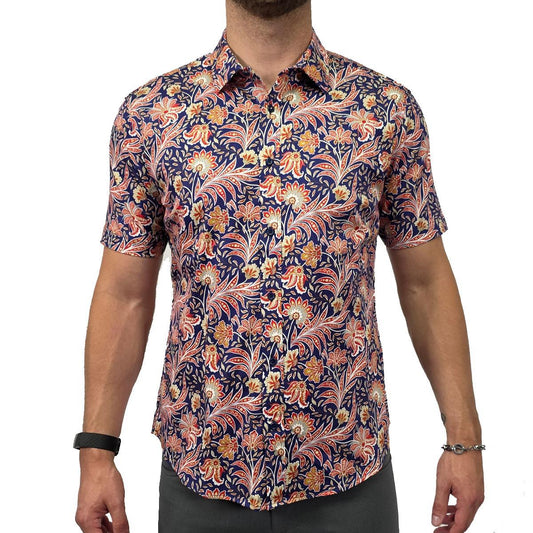 Fire Flower Floral Stretch Cotton Short Sleeve Button Down Shirt