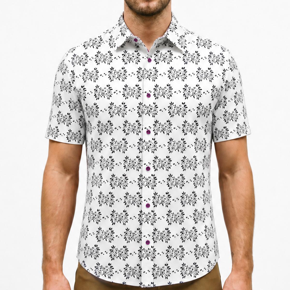 Abstract White Floral Stretch Cotton Short Sleeve Button Down Shirt