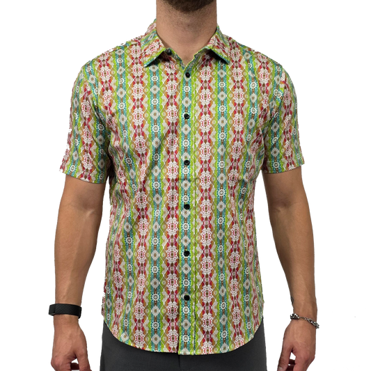 Rainbow Mandala Stretch Cotton Short Sleeve Button Down Shirt