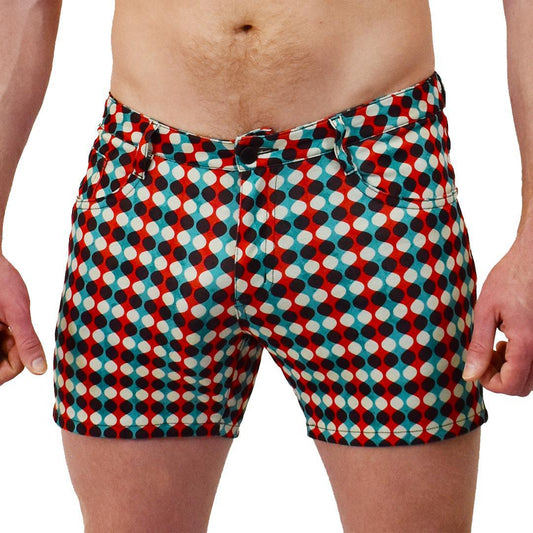 Retro Cinema Red/Blue Patterned 5-Pocket Stretch Shorts with 5" Inseam by Assassin Menswear