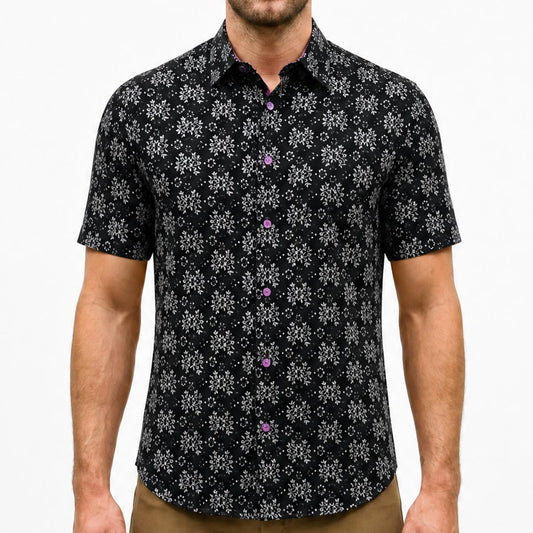 Abstract Black Floral Stretch Cotton Short Sleeve Button Down Shirt