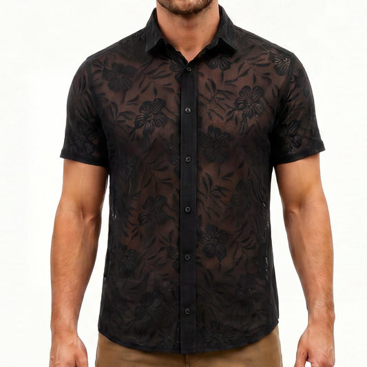 Black Floral Burnout Soft Stretch Short Sleeve Button Down Shirt