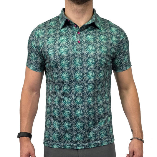 Ornate Emerald Floral Short Sleeve Polo Shirt
