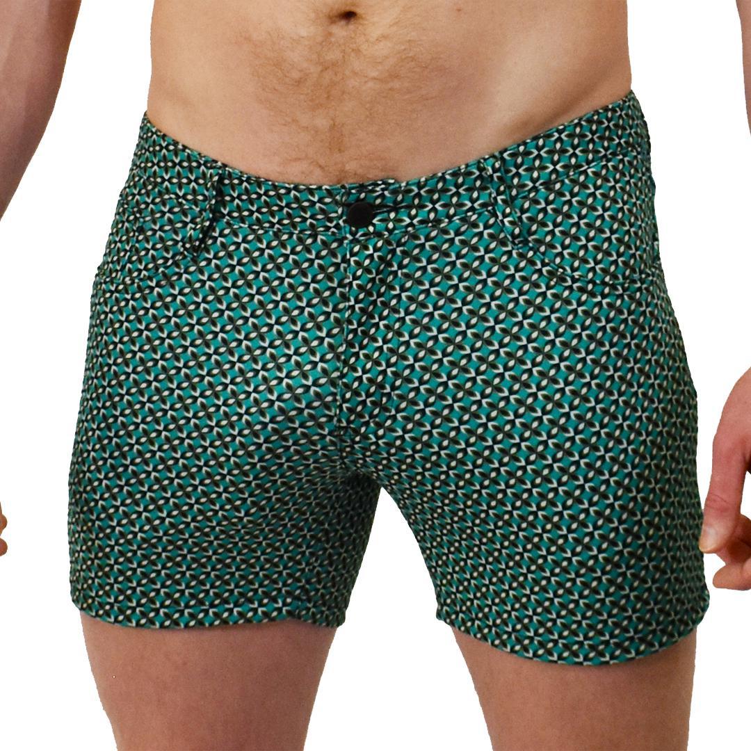 Mint Chocolate Green/Brown Patterned 5-Pocket Stretch Shorts with 5" Inseam