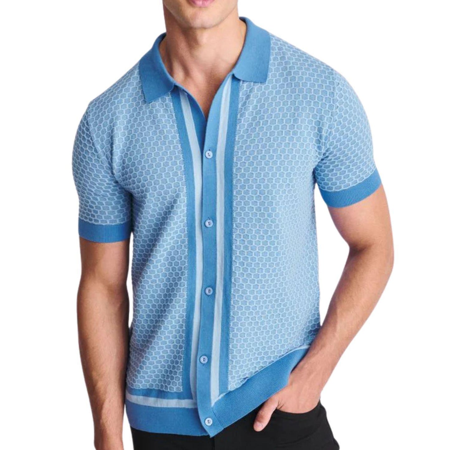 Lagoon/Glacier Honeycomb Textured Cotton Button Front Knit Shirt by Postmarc